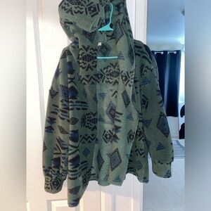 Fuzzy soft Aztec print hooded teddy bear coat